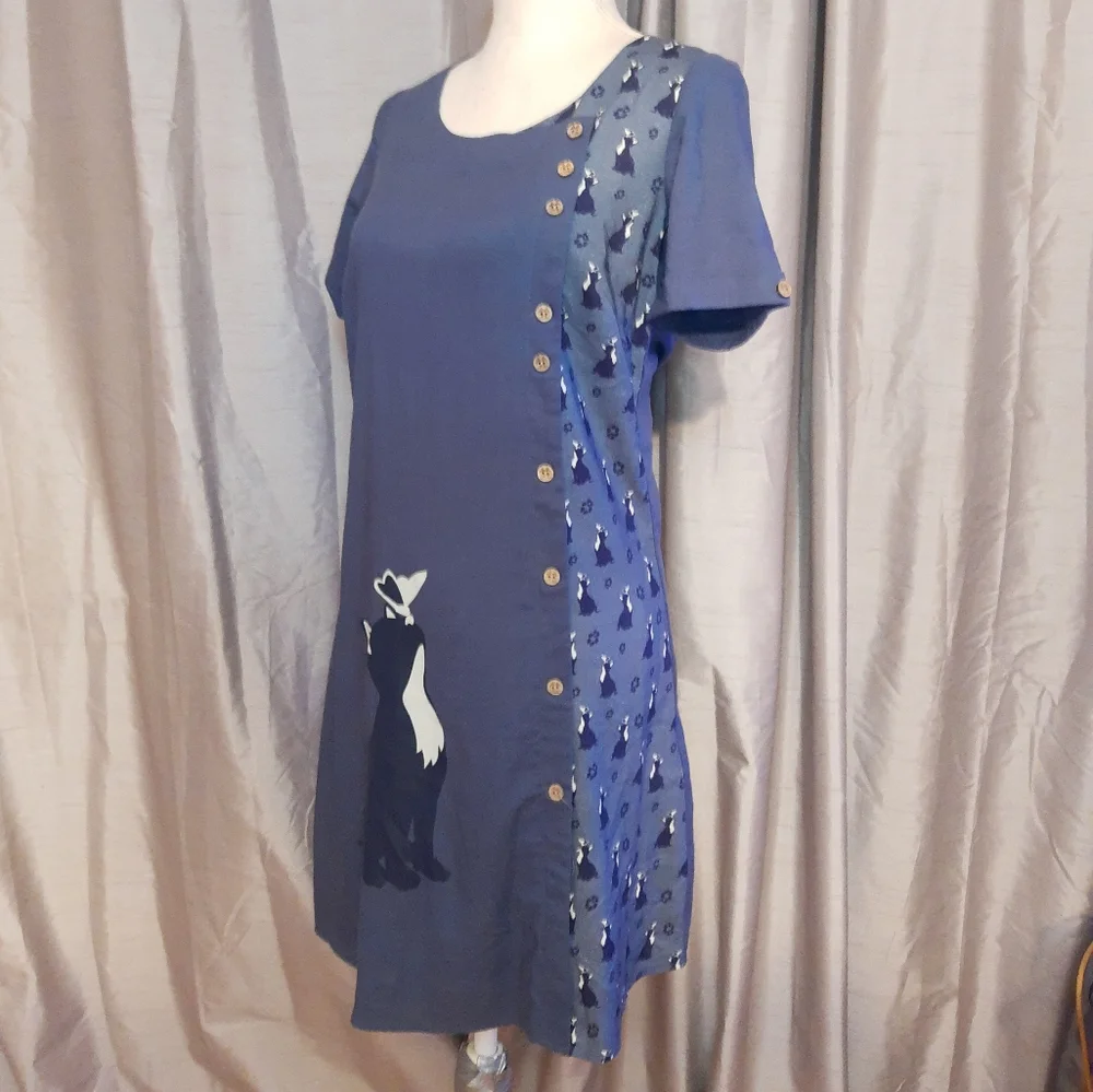 Joe Browns Cat print short sleeve blue shift dress UK 8 viscose/ linen blend - Picture 1 of 10